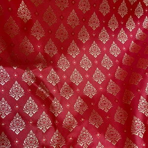 Red & Gold Thai-Laos Traditional Artificial Silk Fabric Material for Skirts Wraps Dresses Tops DIY Decor