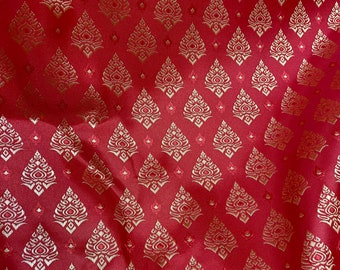Red & Gold Thai-Laos Traditional Artificial Silk Fabric Material for Skirts Wraps Dresses Tops DIY Decor