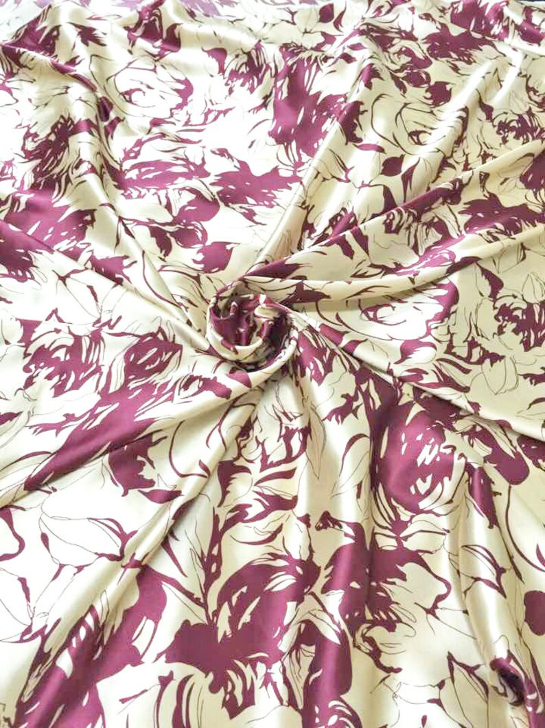 Smooth Roses Print Dark Red and Gold Faux Silk Satin Fabric Material for Wild rags Scarves Dresses Tops