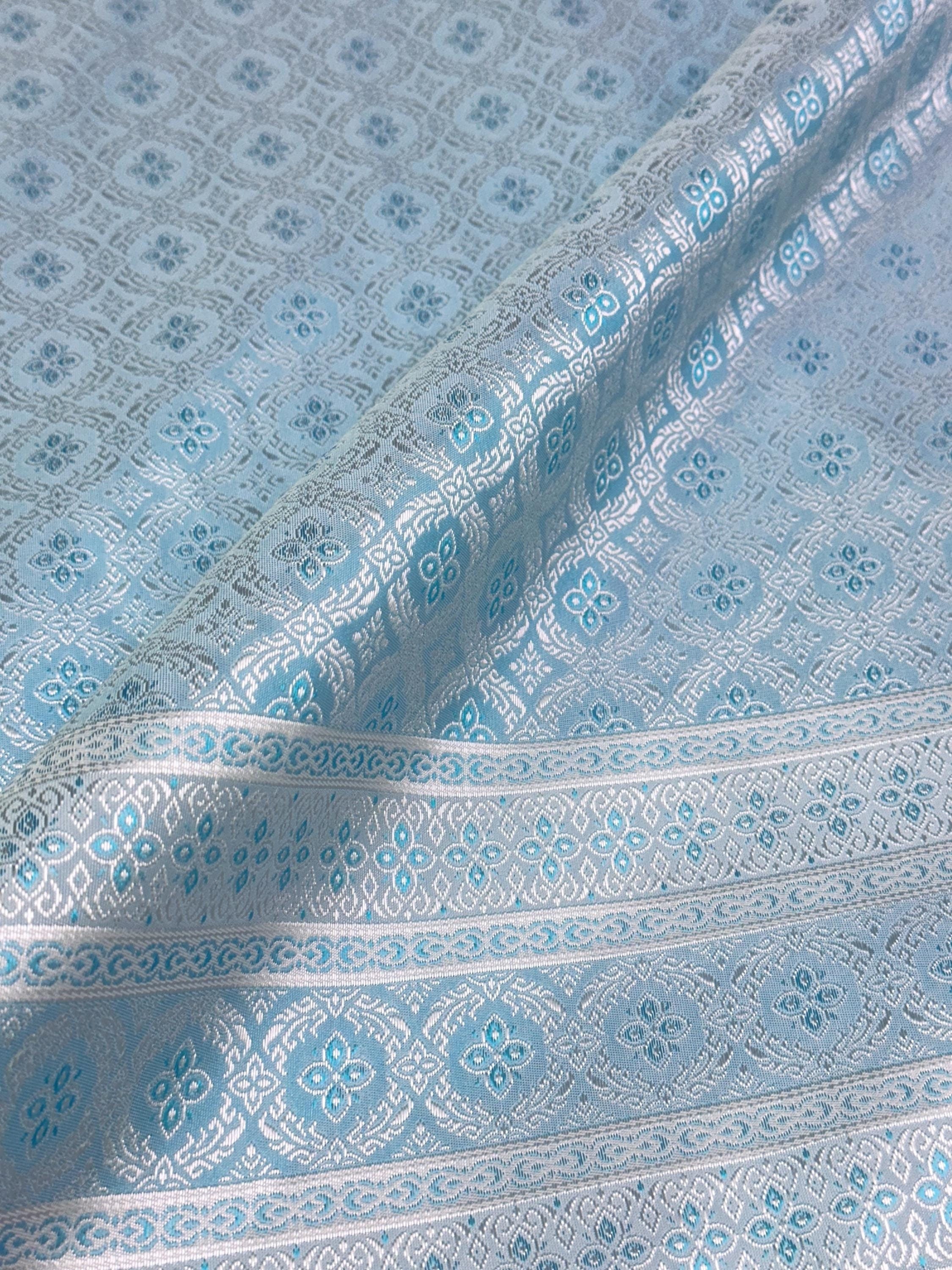 Thai-Laos Traditional Artificial Silk Fabric Material for Skirts Wraps Craft Wedding Dresses - Baby Blue