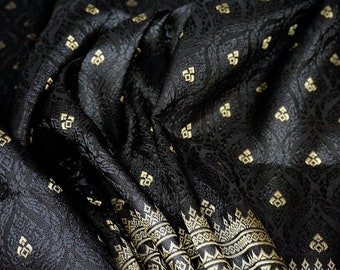 Black Gold Thai-Laos Silk Fabric | 40&quot; Traditional Artificial Silk Material | Southeast Asian Textile for Skirts, Wraps, Crafts