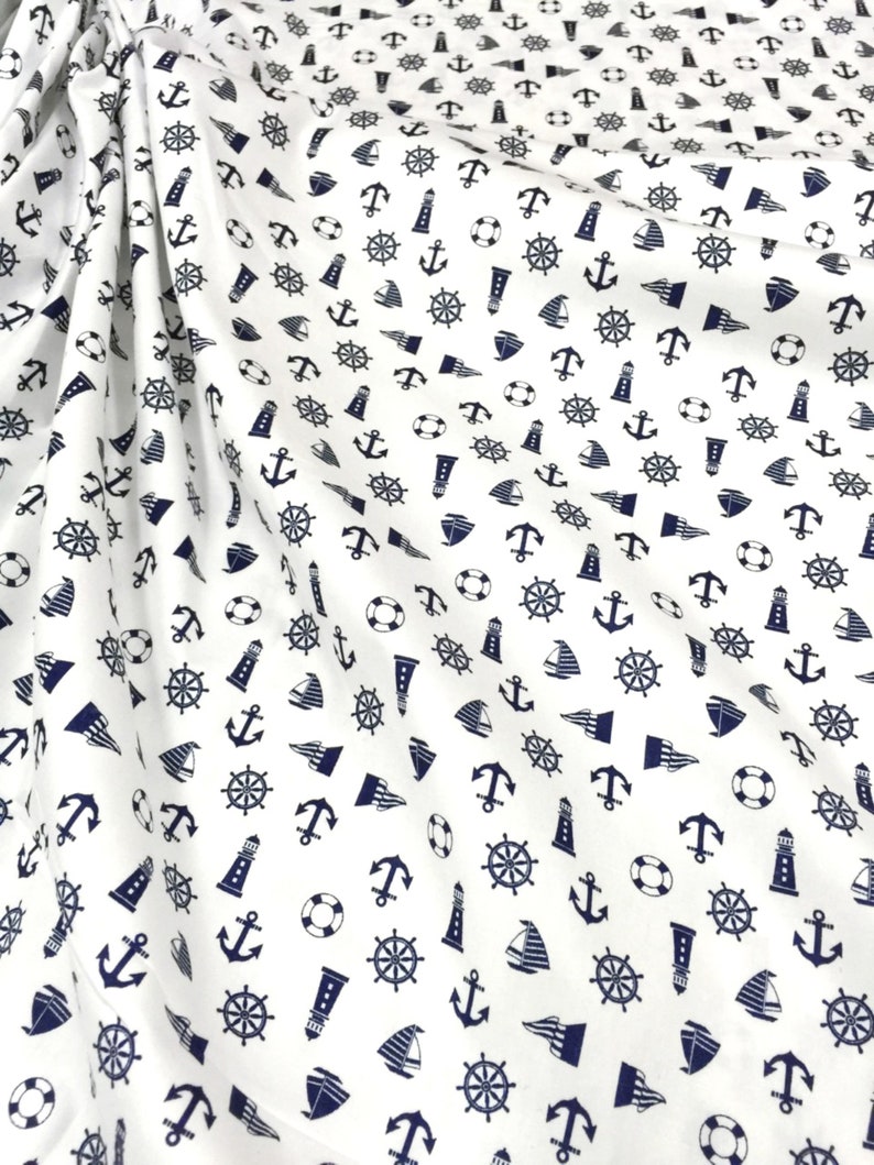 Nautical 100 Cotton White Print Fabric 44W Material BTY for Etsy