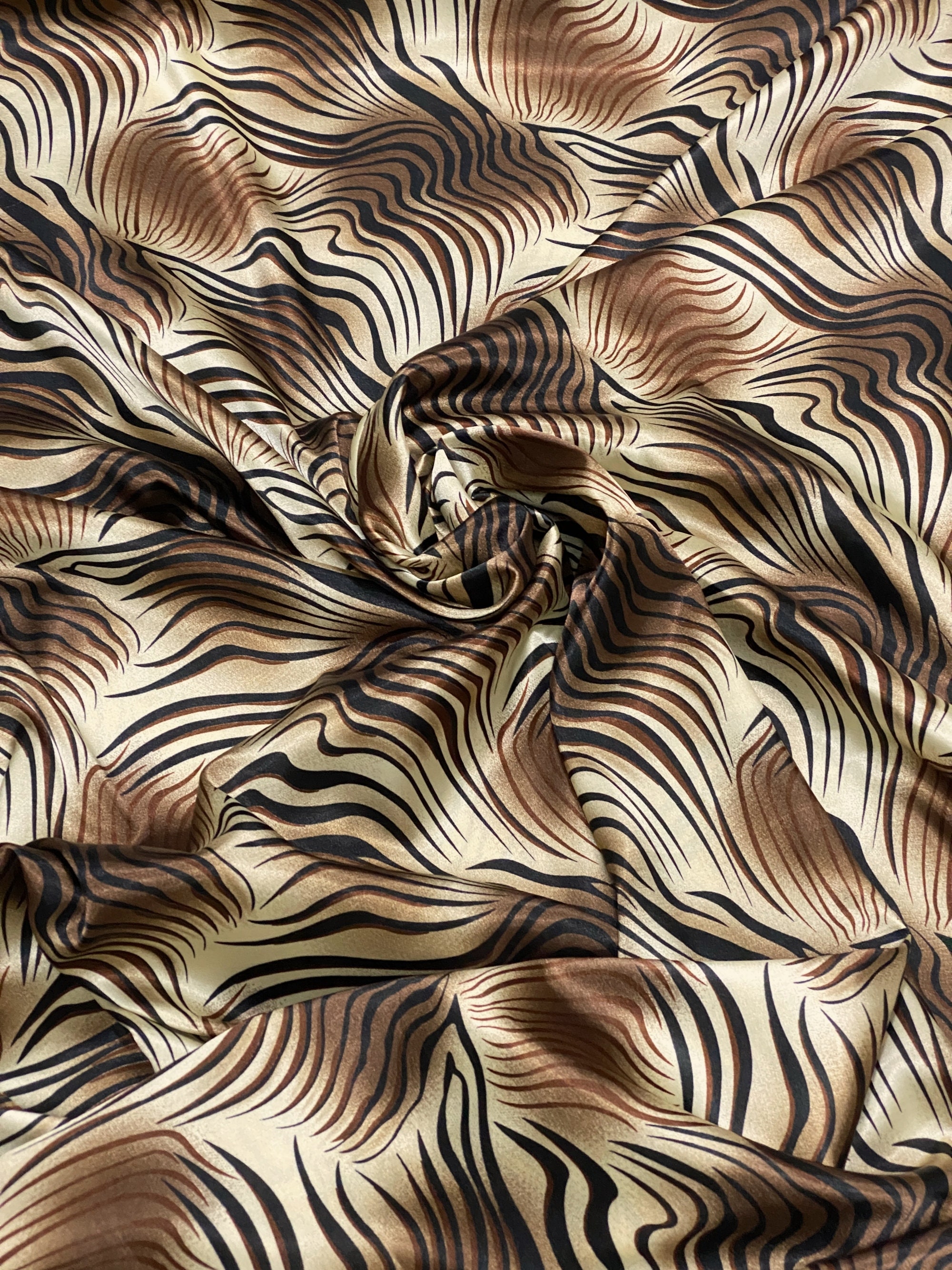 Zebra Animal Print Brown Gold Faux Silk Satin Fabric 48w Etsy