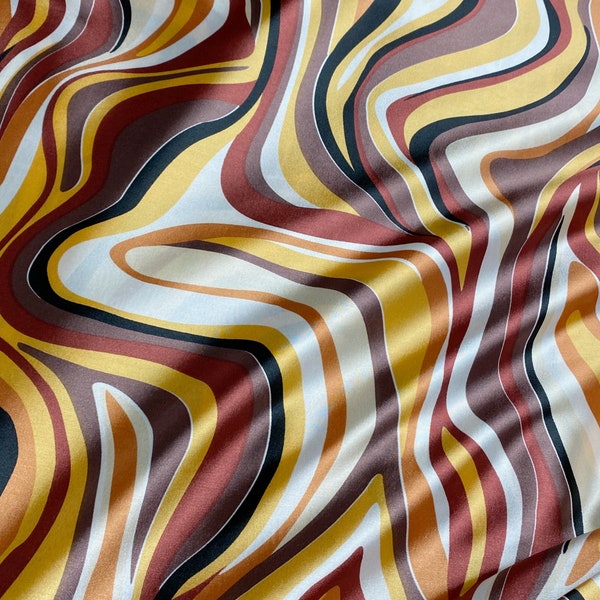 Curvy Lines Stripes Prints Faux Silk Satin Fabric 48"W Material - Gold Yellow Dark Red Purple for Dresses Wild Rags Tops Decor