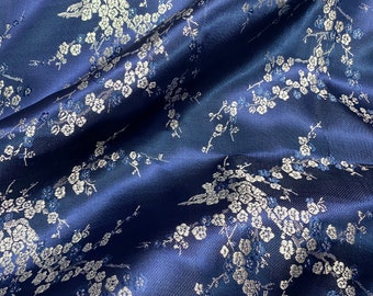 Cherry Blossom Dogwood Faux Silk Brocade Fabric Material 36"W by the yard - Dark Blue & Silver