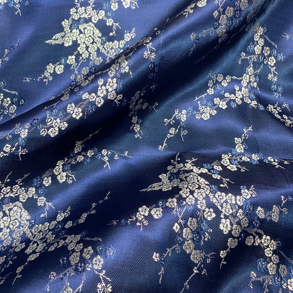 Cherry Blossom Dogwood Faux Silk Brocado Material de tela 36 "W cortado a medida - Azul oscuro y plata