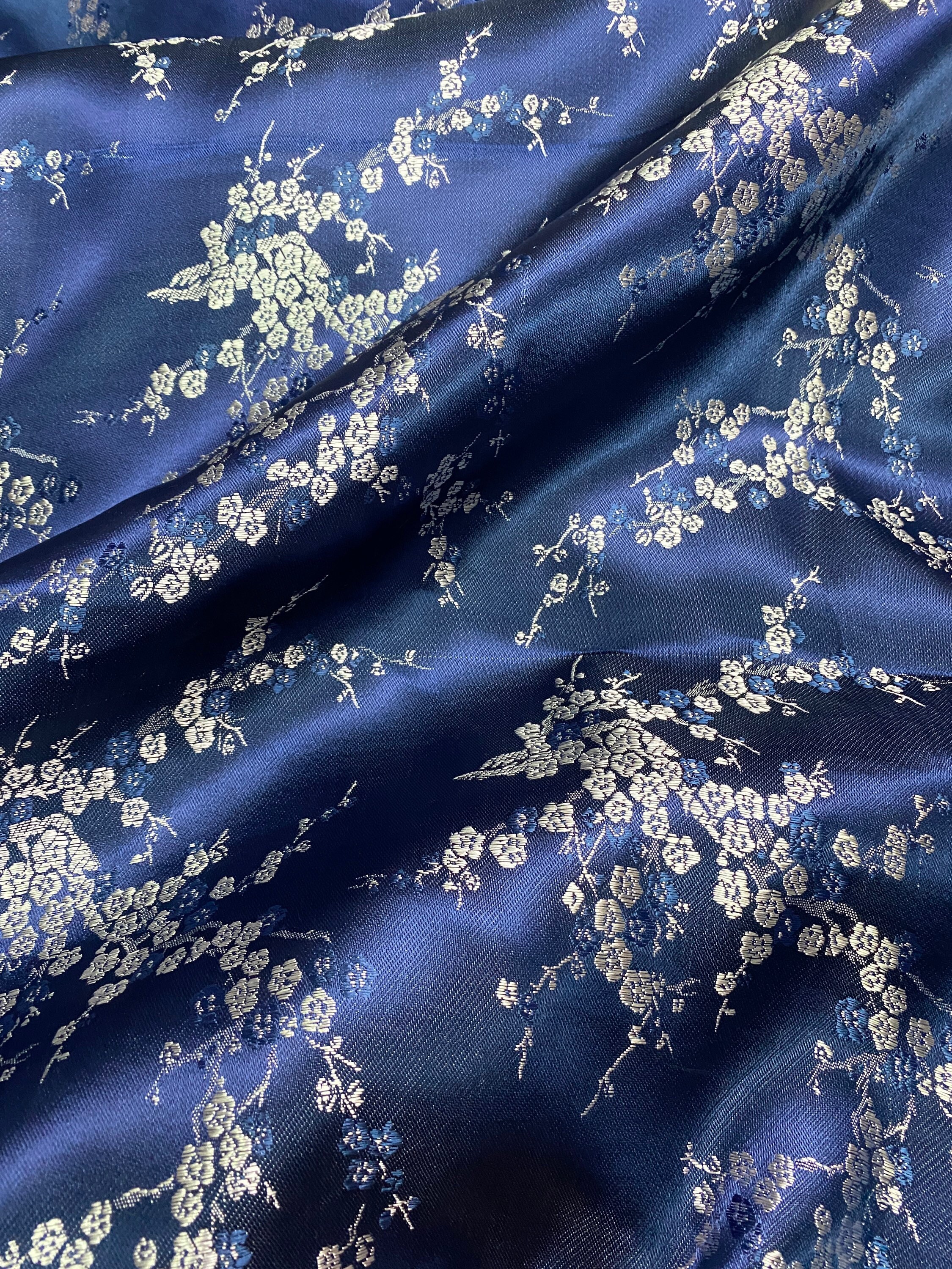 Navy Blue Raw Silk Fabric with Premium Embroidery