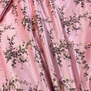 Cherry Blossom Dog Wood Faux Silk Fabric Material 36"W by the yard - Salmon Pink & Dark Brown