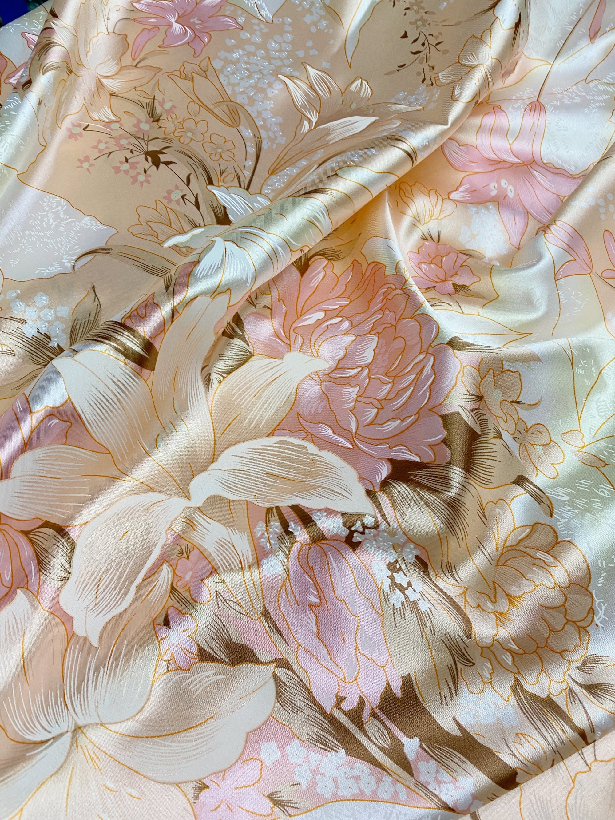 Smooth Lily Floral Flowers Faux Silk Satin Fabric Golden