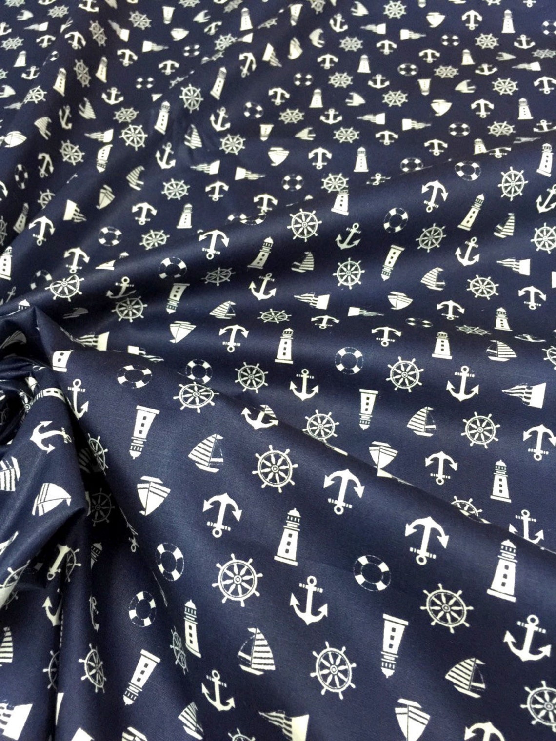 Nautical 100% Cotton Navy Blue Print Fabric 44W Material BTY | Etsy