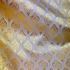 Ivory White Gold Thai-Laos Traditional Artificial Silk Fabric Material for Skirts Wraps Dresses Tops DIY Decor