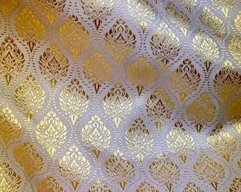 Ivory White Gold Thai-Laos Traditional Artificial Silk Fabric Material for Skirts Wraps Dresses Tops DIY Decor