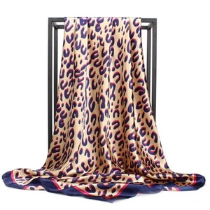 Leopard Animal Print Brown Blue Silk Scarf 35"x35" Silky Hair Scarf/Bag Scarf/Bohemian Head Scarf/Turban Scarf/Head Wrap/Bandanna