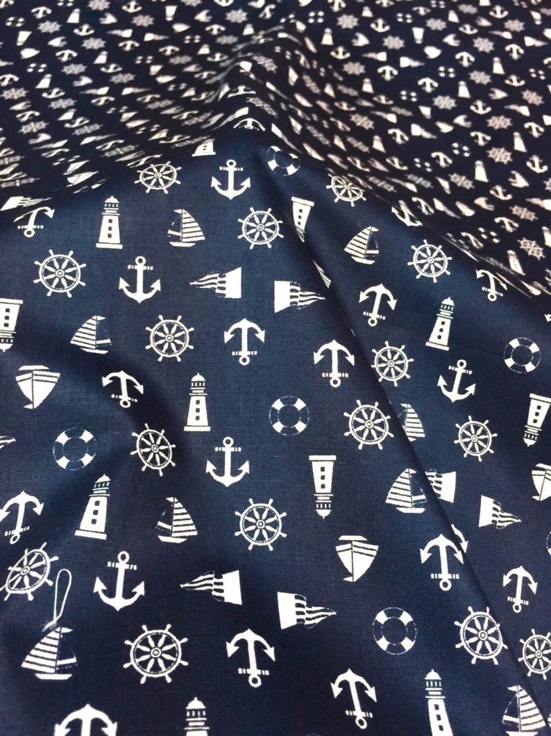Nautical 100% Polished Cotton Navy Blue Print Fabric 44W - Etsy
