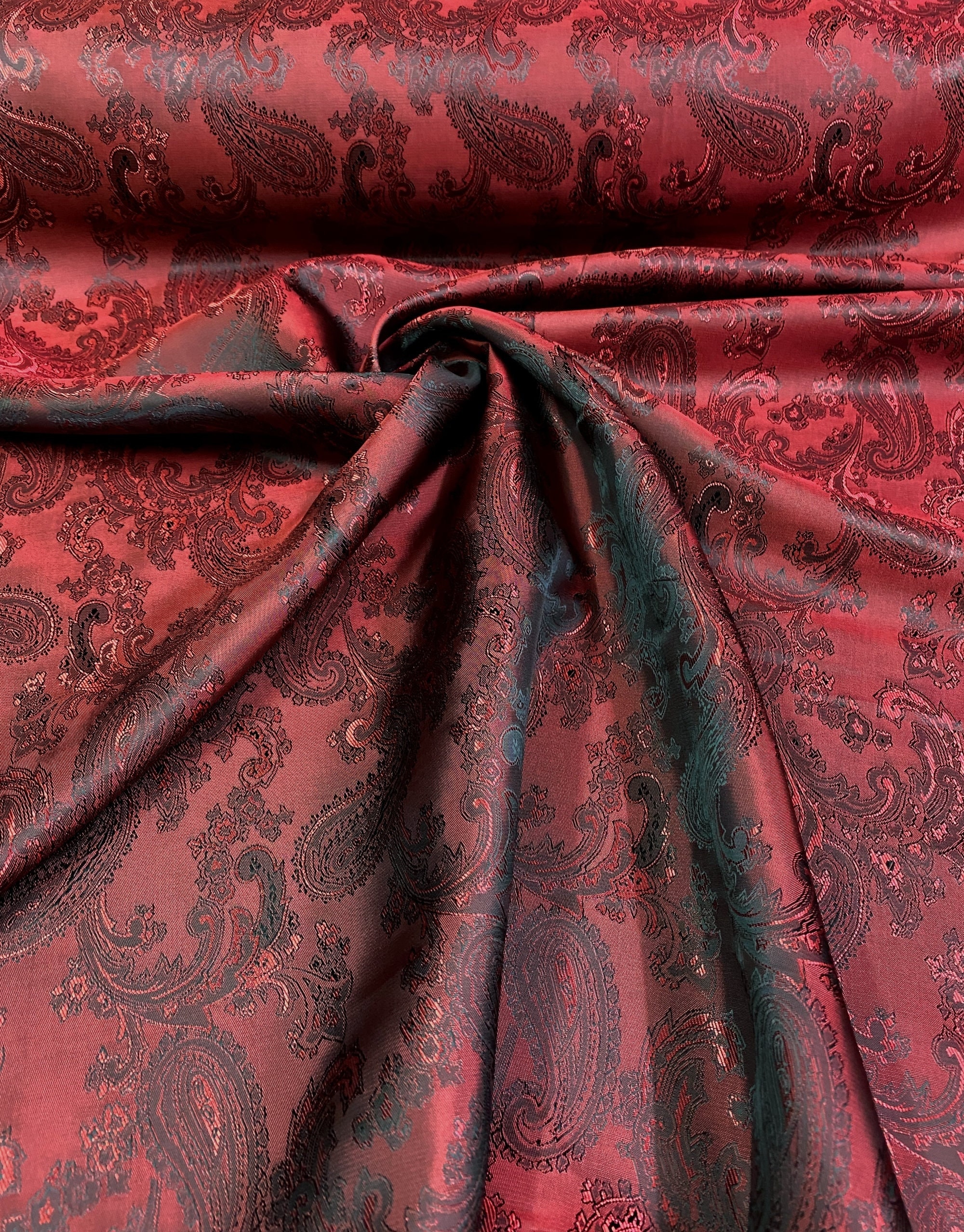 Cupro Bemberg Lining Fabric: Dark Red Paisley Jacquard Woven