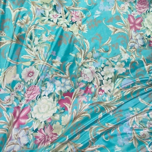 Anna Louise Flowers Roses Floral Faux Silk Satin Fabric Material -Turquoise for Wild Rags Pajamas Dresses Drapes Scarves Skirts