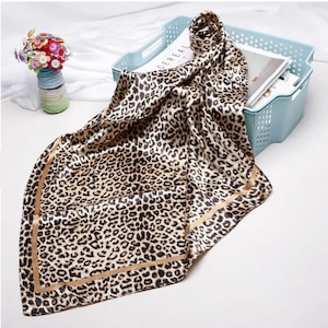 Leopard Print Silk Scarf 35"x35" | Brown Gold Animal Print Hair Scarf, Head Wrap, Turban, Bandanna, Boho Bag Scarf