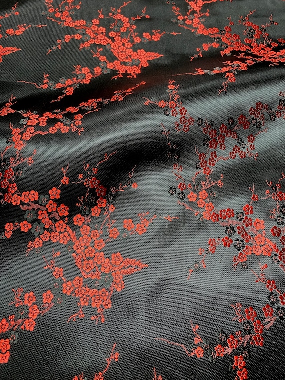 Cherry Blossom Brocade Fabric: Black & Red Faux Silk, 36