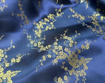 Kirschblüten-Hartriegel Faux Seidenbrokat-Gewebe-Material 36 "W Schüttgut - Dunkelblau Gold