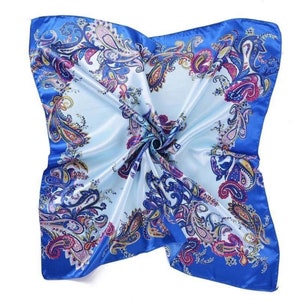 Paisley Print Sky Blue Silk Scarf 35&quot;x35&quot; Silky Hair Scarf/Bag Scarf/Bohemian Head Scarf/Turban Scarf/Head Wrap/Bandanna