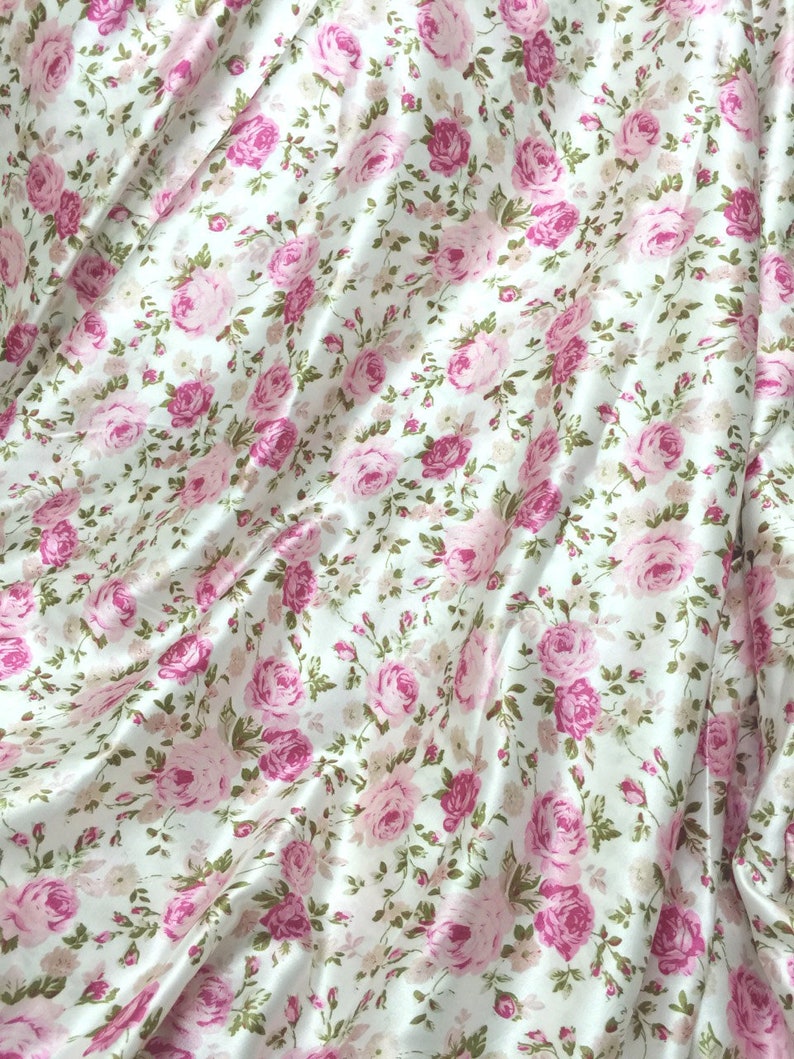 Rose Floral Print Faux Silk Satin Fabric 48W Ivory | Etsy