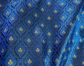 Royal Blue Black Gold Thai-Laos Traditional Artificial Silk Fabric Material for Skirts Wraps Wedding Dresses