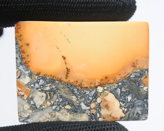May include: A rectangular orange and gray stone with a unique pattern. The stone has a smooth, polished surface and is a natural gemstone.