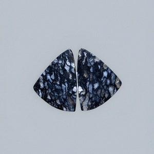 May include: A pair of black and white triangular shaped cabochons with a swirling pattern.