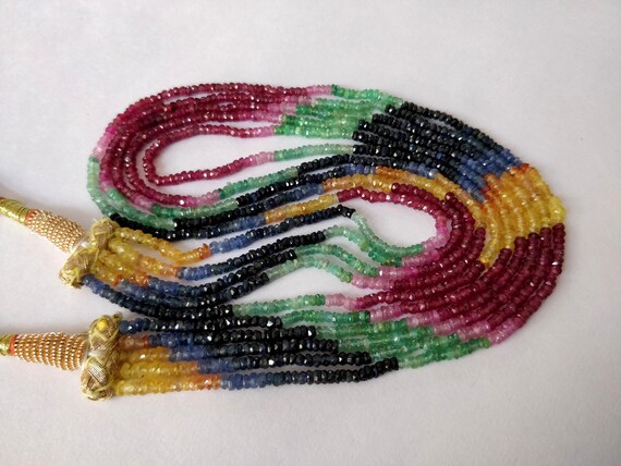 Collier Perles Saphir Naturel Multicolore – 18 Pouces, Pierres Facettées, Inde