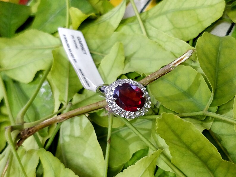 May include: A silver ring with a large oval-shaped red garnet gemstone surrounded by smaller clear gemstones. The ring is on a green leafy branch. The tag attached to the ring says "GARNET" and "925 STERLING SILVER MADE IN CHINA".