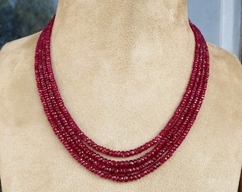 Natural Ruby 3 mm Roundel Faceted Beads Rondelles 4 Fios Colar Feito à Mão Presente de Dia de Natal Colar de contas de pedra preciosa Ruby