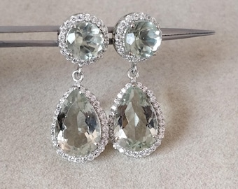 Green Amethyst Dangle Drop Earrings: 925 Sterling Silver, February Birthstone, Prasiolite Drops
