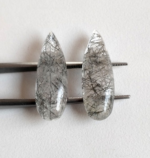 Natural Black Rutile Quartz Pair Pear shape Cabochon Black Rutilated Quartz Matched Pair AAA grade Rutile Quartz Marquise Cabochons Pair