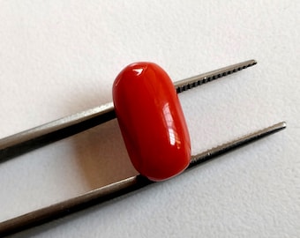 May include: A bright red oval-shaped coral gemstone held in tweezers.
