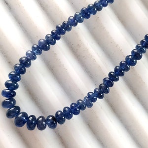 May include: A strand of deep blue gemstone beads. The beads are round and smooth, and they are strung on a clear thread.