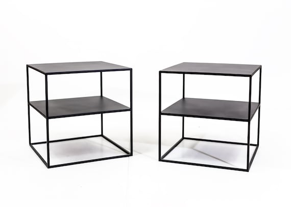 pair of bedside tables with double metal shelf