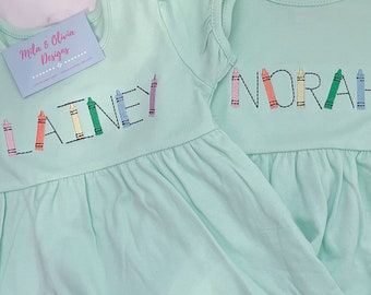 Crayon name back to school dress, pastel crayon name, Back to school dress, back to school monogram dress, crayon name font