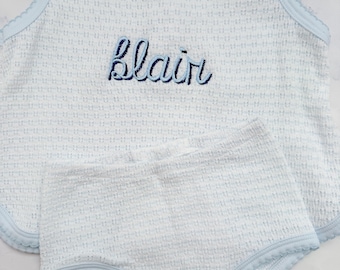 Paty sleeveless top with diaper cover, Monogrammed bloomer set, baby boy outfit