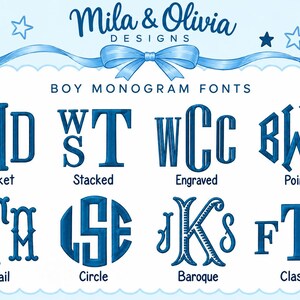 May include: A digital display of Mila & Olivia Designs boy monogram fonts in dark blue. Eight distinct embroidery-style letter combinations are labeled as Market, Stacked, Engraved, Point, Fishtail, Circle, Baroque, and Classic on a light blue background.