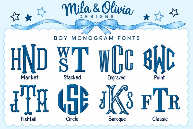 May include: A digital display of Mila & Olivia Designs boy monogram fonts in dark blue. Eight distinct embroidery-style letter combinations are labeled as Market, Stacked, Engraved, Point, Fishtail, Circle, Baroque, and Classic on a light blue background.