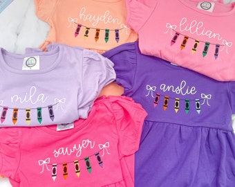 Back to school dress, back to school monogram dress, crayon name font shirt