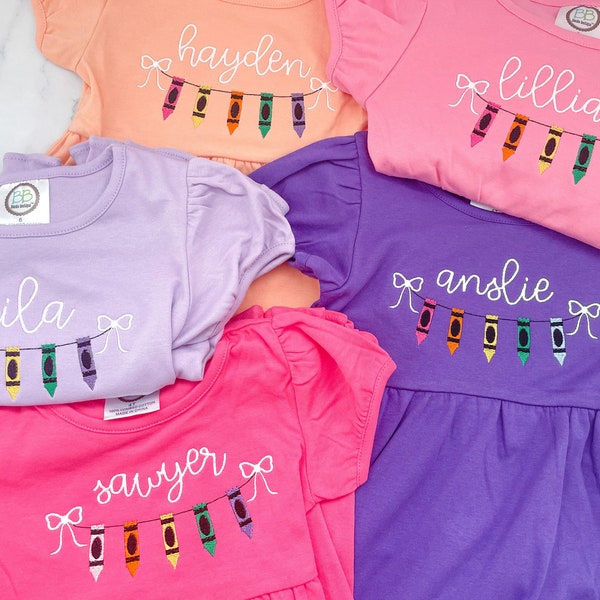 Back to school dress, back to school monogram dress, crayon name font shirt