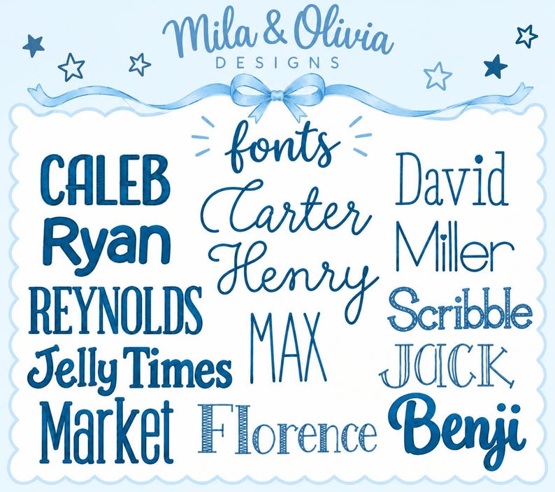May include: A light blue graphic display featuring the text Mila & Olivia Designs at the top with a bow and stars. Below are various names and words in different blue fonts including Caleb, Ryan, Reynolds, Jelly Times, Market, Carter, Henry, Max, Florence, David, Miller, Scribble, Jack, and Benji.