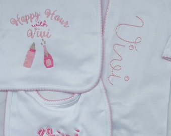 Bib & Burp cloth set, happy hour bib, happy hour burp cloth, monogram bib, monogram burp cloth