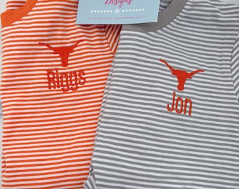 Striped Longhorn Toddler Shirt, Embroidered Monogram, Game Day Outfit