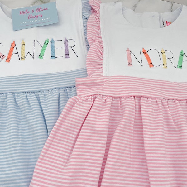 Crayon Name Embroidered Dress, Back to School Outfit
