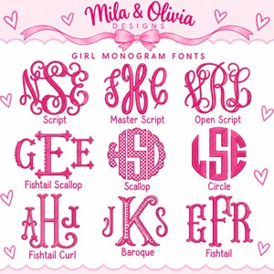 May include: A digital chart titled Mila & Olivia Designs Girl Monogram Fonts featuring nine pink monogram styles: Script, Master Script, Open Script, Fishtail Scallop, Scallop, Circle, Fishtail Curl, Baroque, and Fishtail, decorated with pink hearts.