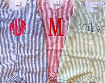 Monogrammed Seersucker Jon Jon, Baby Boy Romper