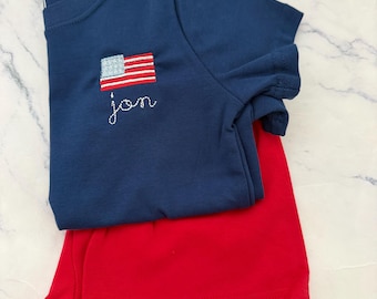 Patriotic Monogram Outfit, Baby Toddler Boy Gift, Short/shirt set