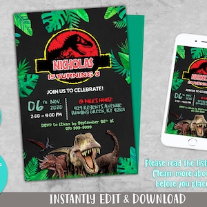 Dinosaur Invitation, Dinosaur Birthday Invitation Printable, Jurassic Park, Dinosaur Party Invitation, T-Rex, EDITABLE, INSTANT DOWNLOAD